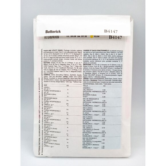 Butterick Pattern B4147 Visor and Utility Bags Uncut Sewing Crafting Totes Hats - Picture 2 of 2
